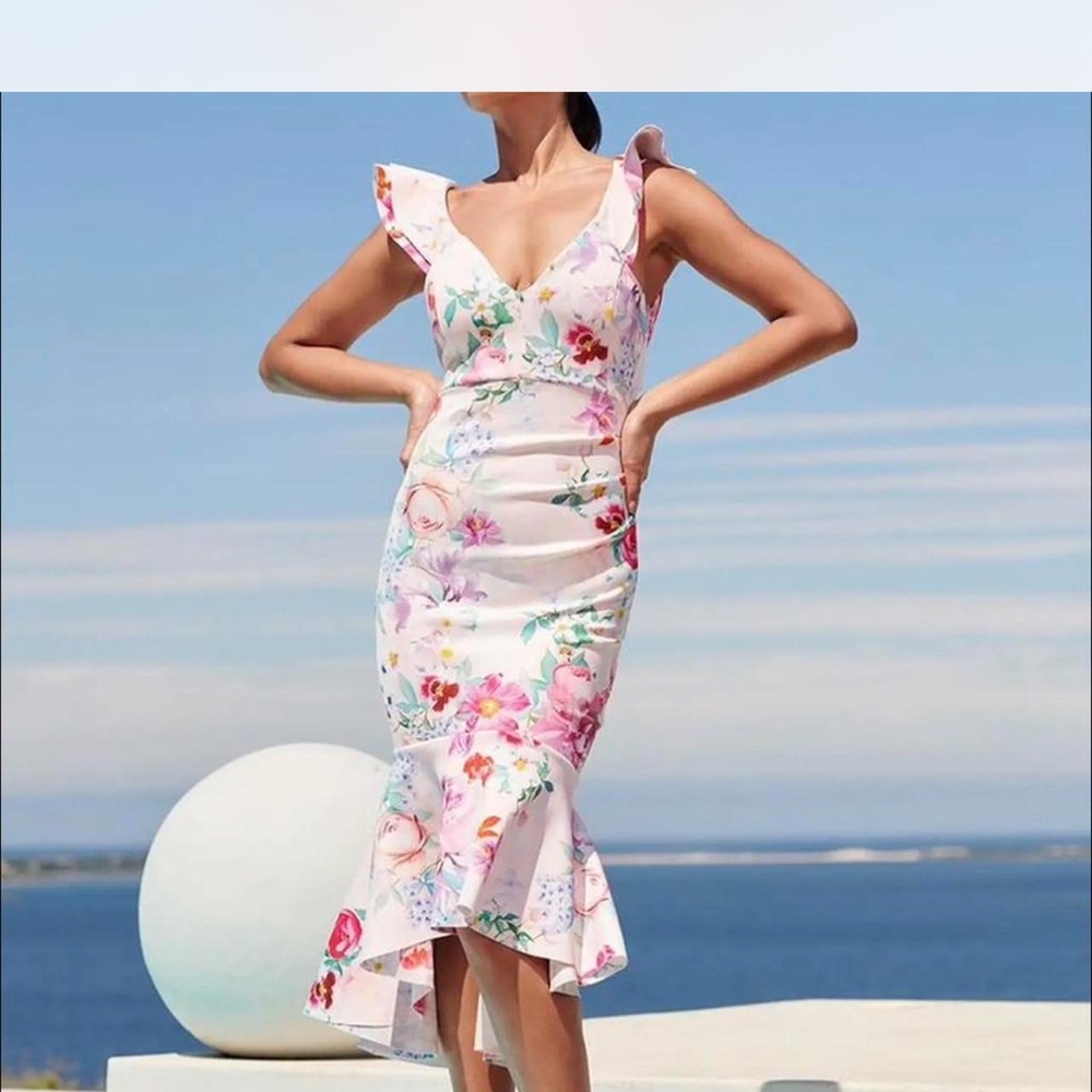 Lipsy Pink Floral Ruffle Midi Dress